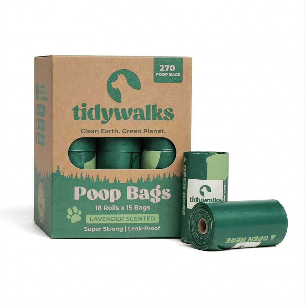 Tidy Walks Poop Bags | Lavender Scented 270 Bags | Packaging Front View With Two Rolls
