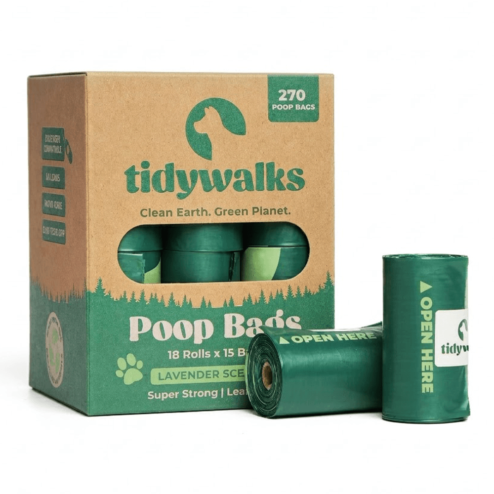 Tidy Walks Poop Bags | Lavender Scented 270 Bags | Packaging Front Side View with 2 rolls